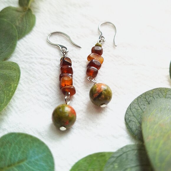 Earthy Boho Gemstone Earrings, Unakite & Sea Glass Earrings, Rustic Western - Picture 4 of 7